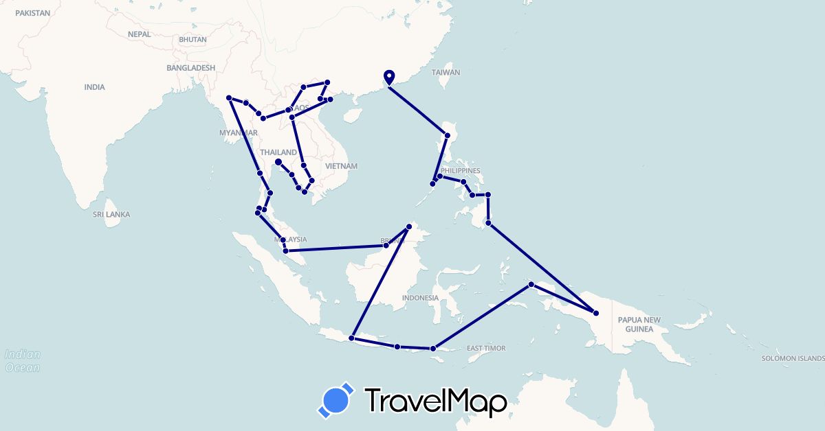 TravelMap itinerary: driving in China, Indonesia, Cambodia, Laos, Myanmar (Burma), Malaysia, Philippines, Thailand, Vietnam (Asia)
