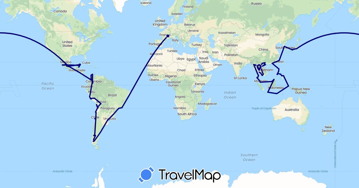 TravelMap itinerary: driving in Argentina, Bolivia, Brazil, Chile, China, Colombia, France, Indonesia, Japan, Cambodia, South Korea, Laos, Myanmar (Burma), Mexico, Malaysia, Peru, Philippines, Thailand, Taiwan, Vietnam (Asia, Europe, North America, South America)